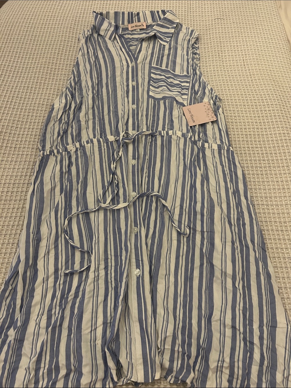 Love Blossom Blue and White Striped Sleeveless Shirt Dress